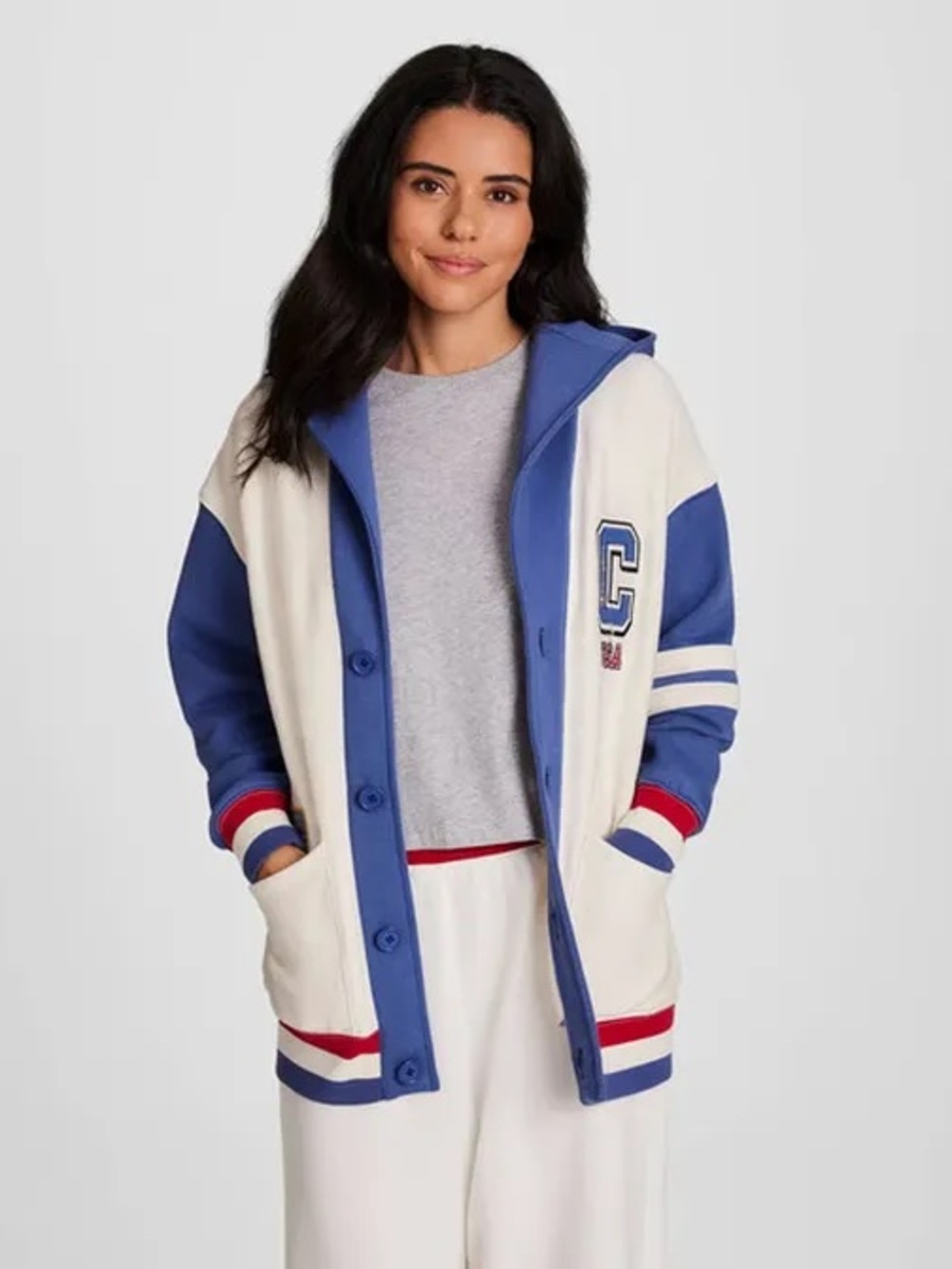 Women’s Champion Gold Medal Hooded Cardigan in Cream and Blue Color-way